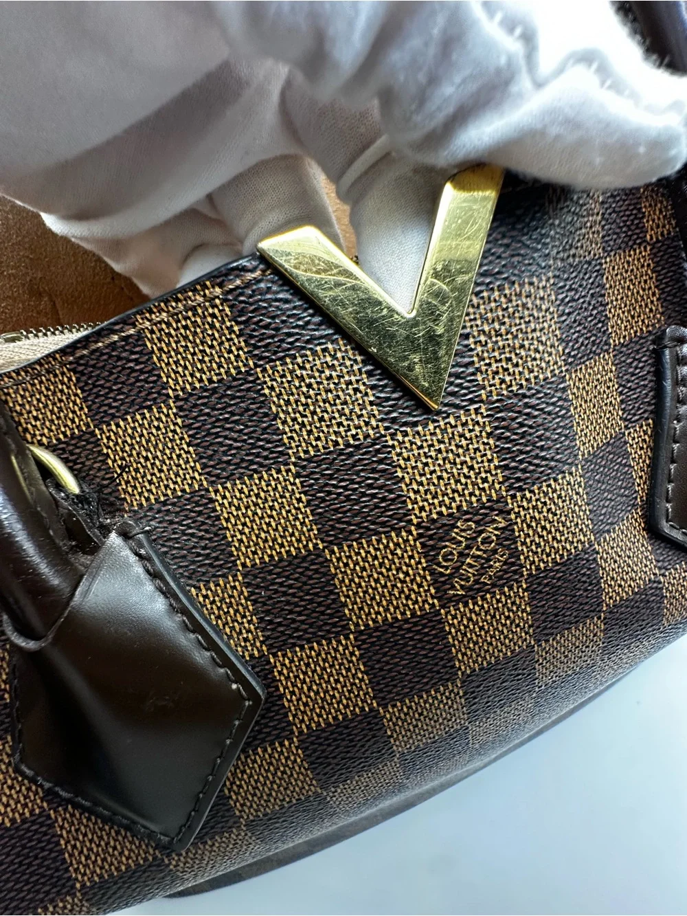 Louis Vuitton Brown Damier Ebene Kensington Canvas Tote with Gold V Detail